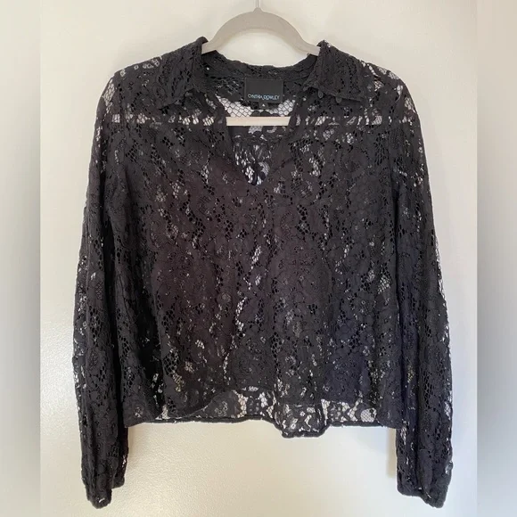 Cynthia Rowley Black Lace Long Sleeve Top Size 4 - Picture 4 of 16